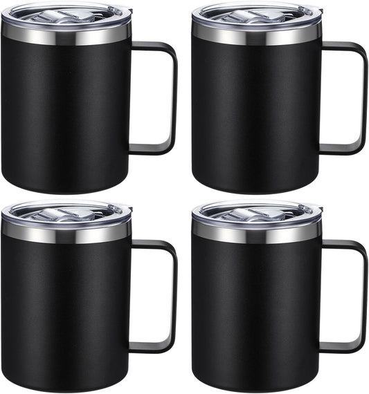 12 oz Insulated Coffee Mug Bulk with Handle, Stainless Steel Travel Coffee Mug with Lid, Double Wall Vacuum Metal Coffee Cup, Coffee Tumbler Powder Coated, Black 4 Pack