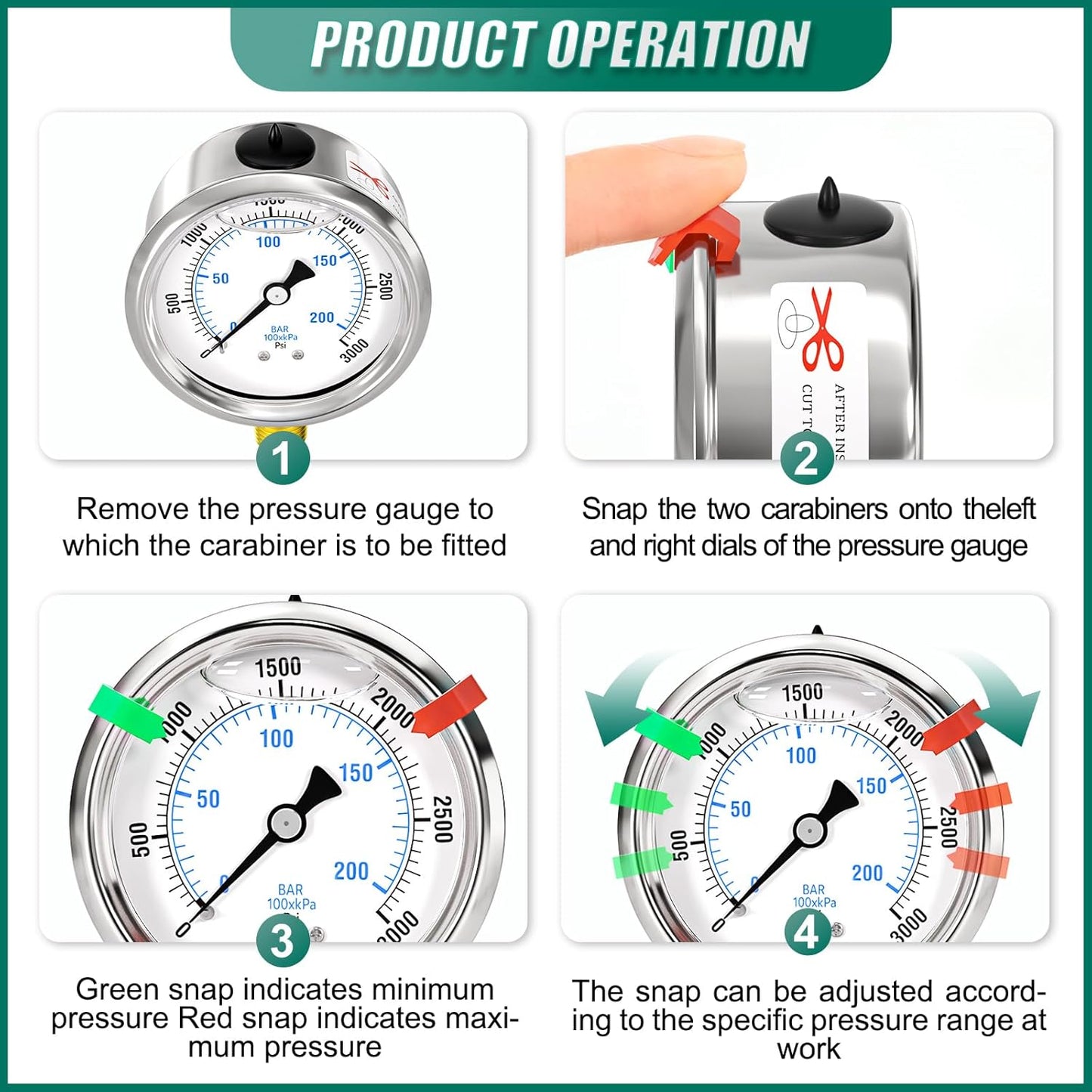 0-3000psi Stainless Steel 1/4" NPT 2.5" Dial, Glycerin Liquid Filled Pressure Gauge Lower Mount Designed for Pressure Testing of Water, Oil and Air (with Range Mark Pointer)