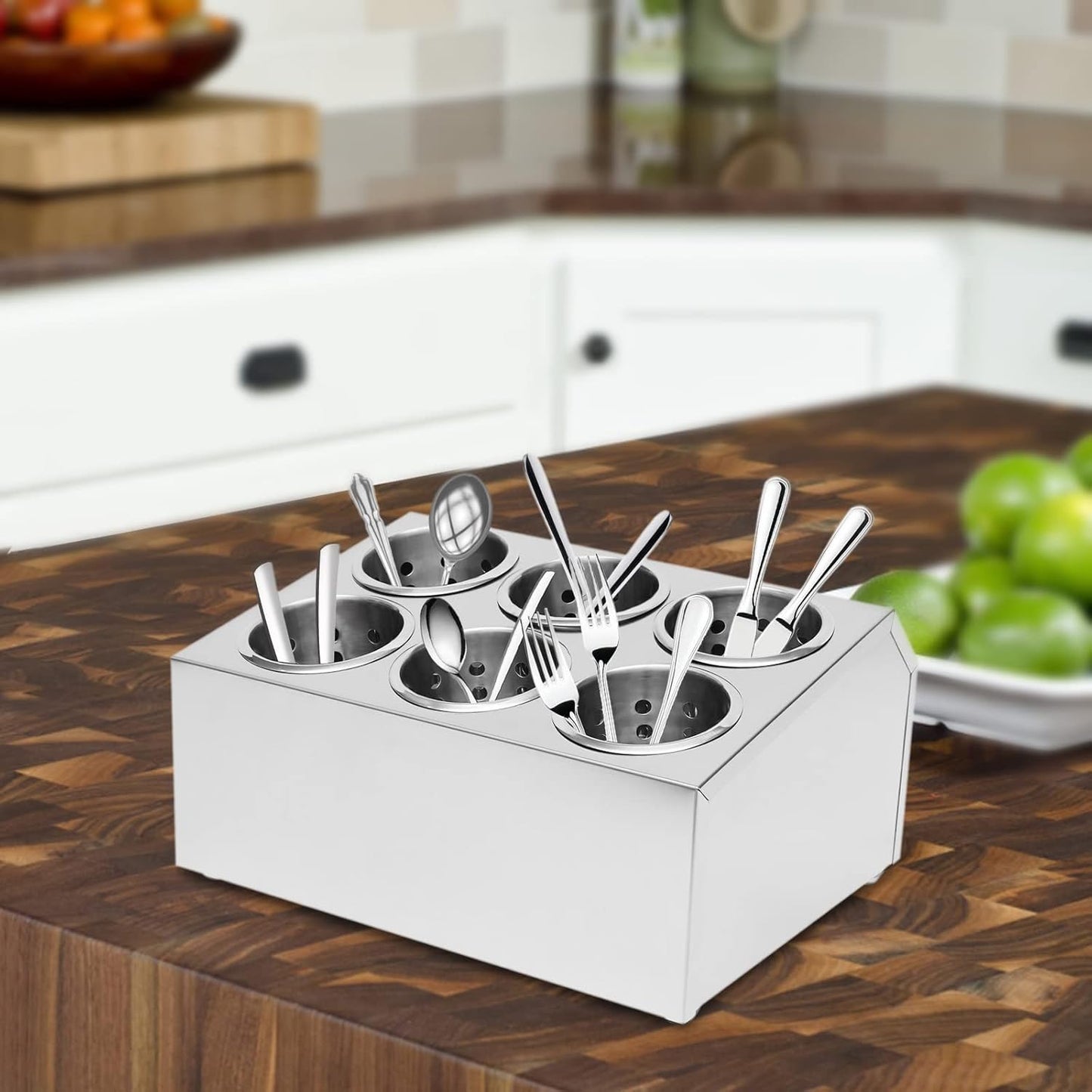 Stainless Steel Flatware Utensil Holder, Commercial 6-Hole Cylinder Silverware Organizer for Countertop Restaurant