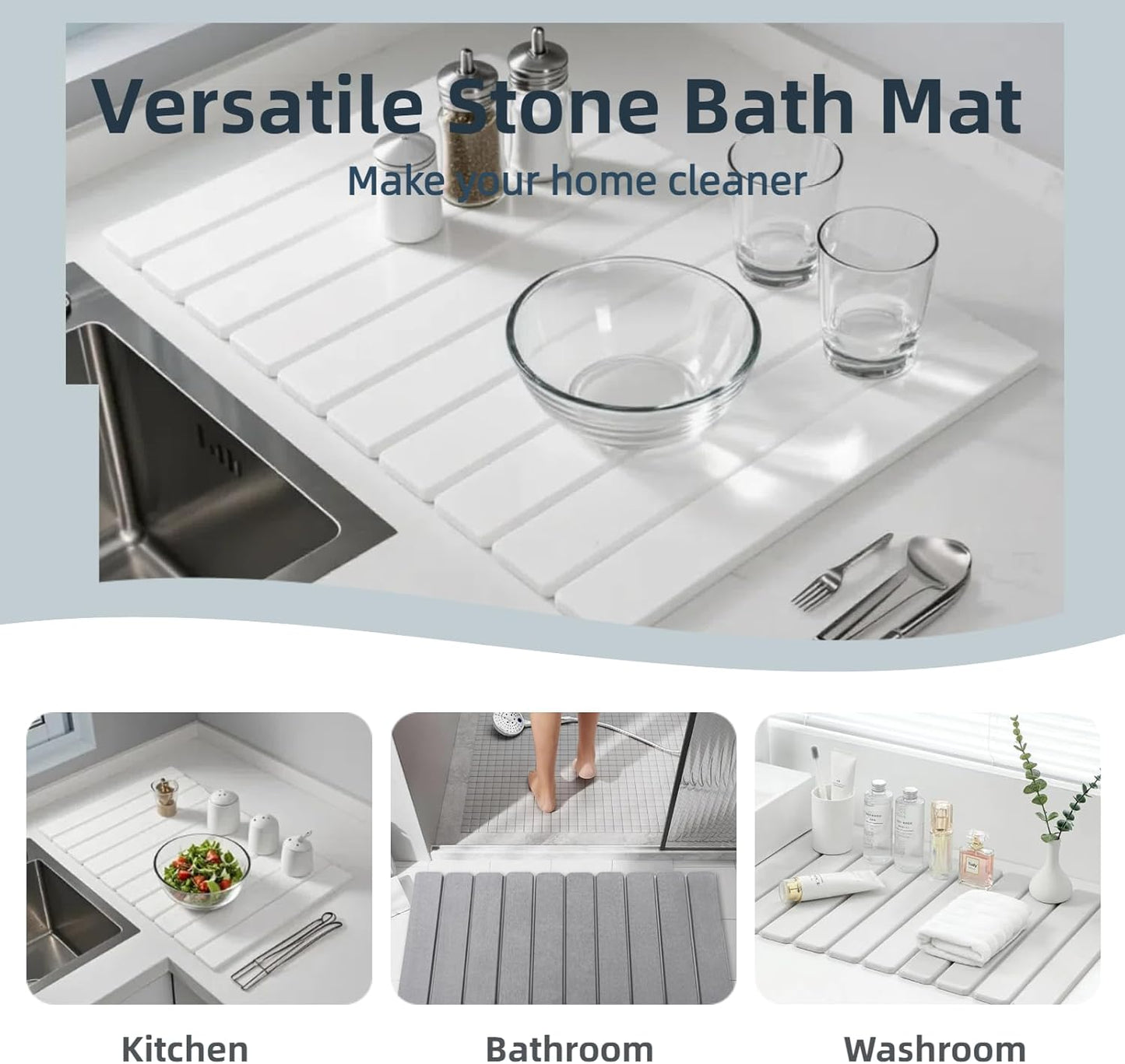 Stone Drying Mat for Kitchen Counter, 23.6" x 15.3" Foldable Diatomaceous Earth Dish Drying Mat - Large Stone Dish Drying Mat for Dishes Cups Bottles Drying, Match Any Countertop (Grey, Large)