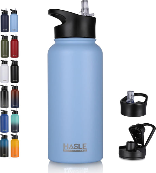 HASLE OUTFITTERS 32 oz Insulated Water Bottle Stainless Steel Double Walled Vacuum Sports Water Bottle with 2 Lids (Straw and Spout Lid) for Gym Camping Hiking（Blue,1)