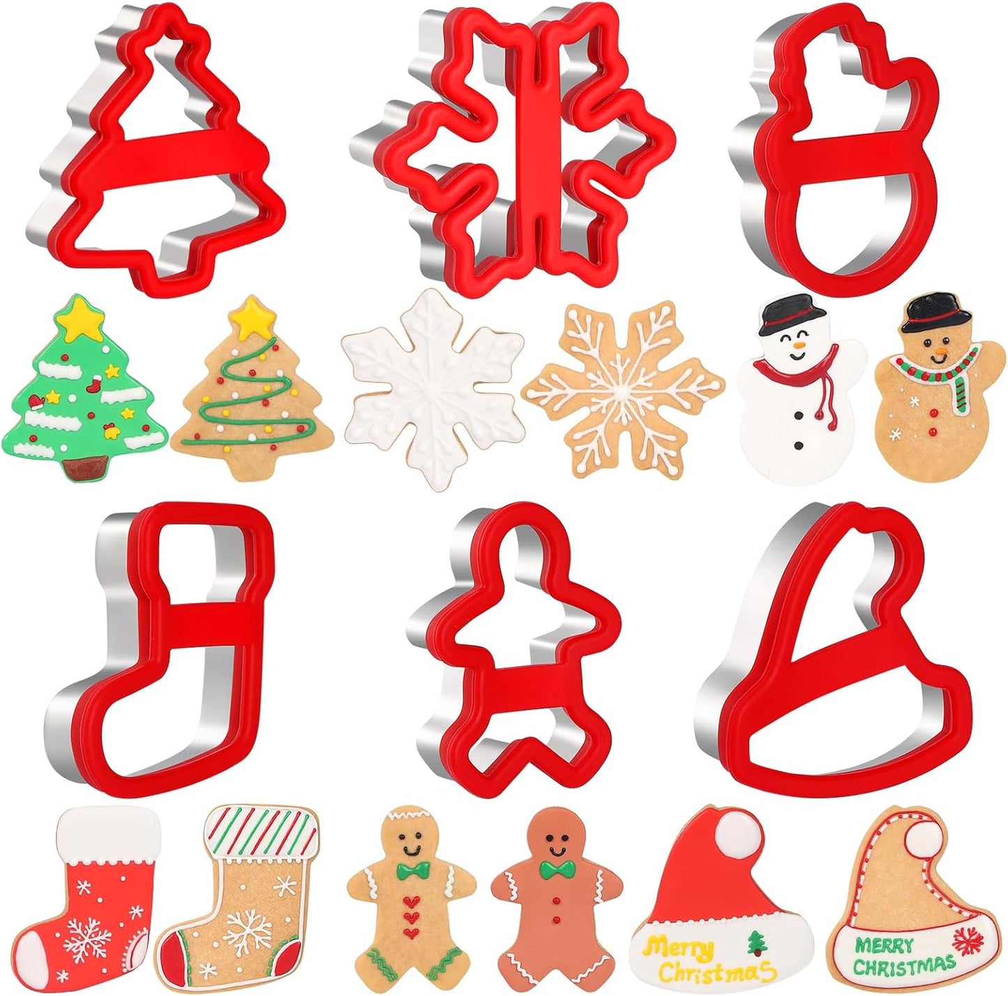 Christmas Cookie Cutters, 6 Pcs Winter Holiday Cookie Cutter Set, Stainless Steel Cookie Molds with Comfort Grip - Christmas Stocking, Snowman, Christmas Tree, Gingerbread Man, Santa Hat, Snowflake