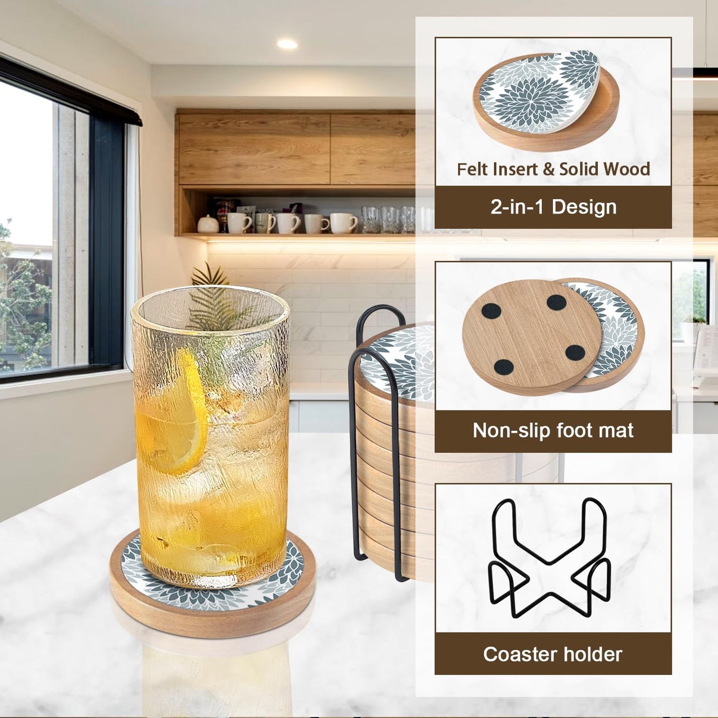 Wood Coasters Set of 8 with Holder, Cewiru Cup Mat for Drinks, Absorbent Coasters with Felt Insert for Coffee Table Protection, Modern Style Home Dining Table Decor, 4.3" Gray