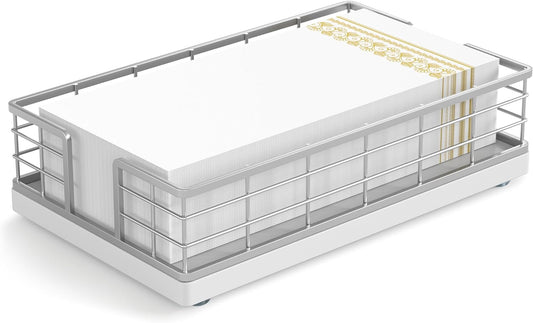 Wican Guest Towel Holder Tray for Bathroom, Oak and Iron Napkins Holder for Powder Room Dinning Table Wooden Basket for Disposable Paper Hand Towels Silvery and White