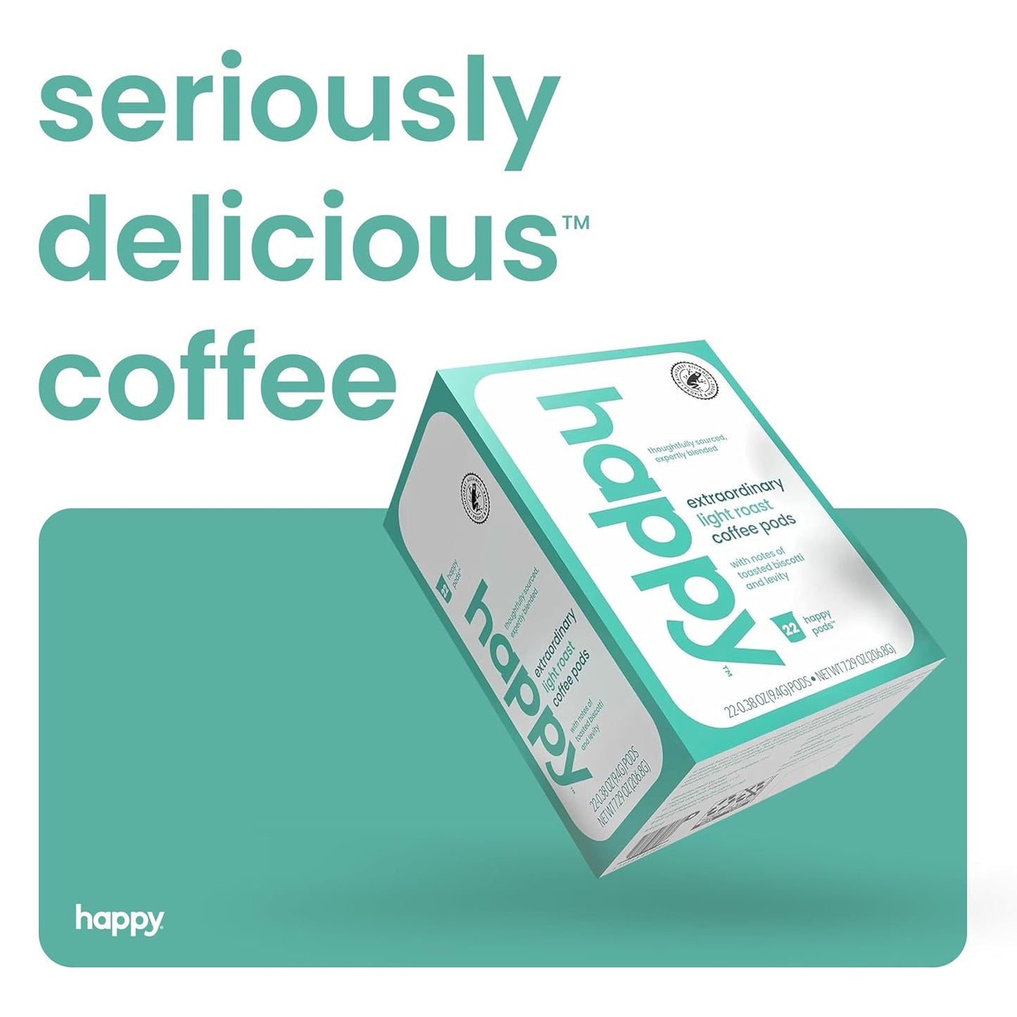 happy coffee light roast coffee pods, 22 count, notes of toasted biscotti and levity, compatible with most K-cup brewers, rainforest alliance certified