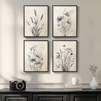 Framed Boho Vintage Botanical Wall Art, 4 Piece Black and White Floral Canvas by Cuspin