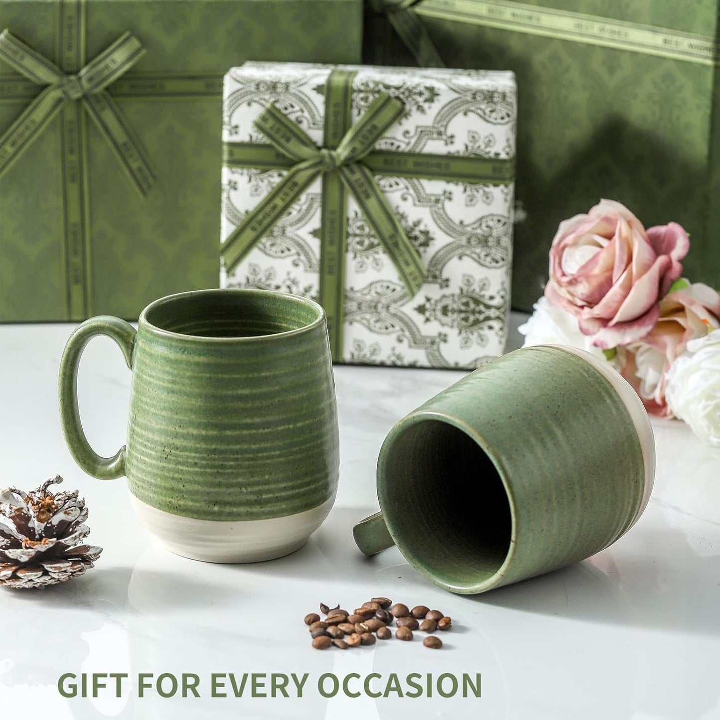 Hasense Large Coffee Mugs, Ceramic Tea Cups with Comfortable Handle Set of 2, Perfect for Milk, Latte, Hot Cocoa, Dishwasher and Microwave Safe, Green