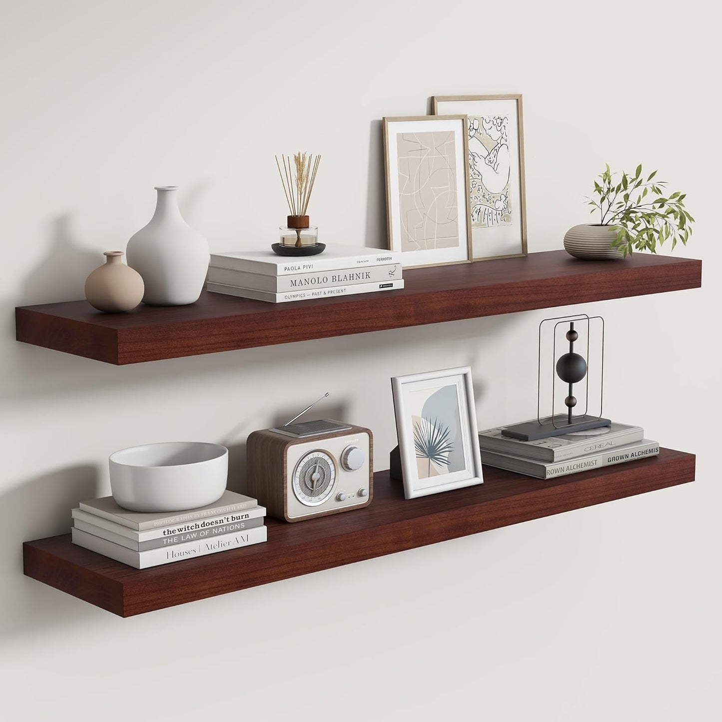 Fun Memories Rustic Real Wood Floating Shelves, 8 Inch Deep Floating Shelf Wall Mounted, 36" W x 8" D Wall Shelves Storage Shelves for Living Room, Bedroom, Bathroom, Red Brown, Set of 2