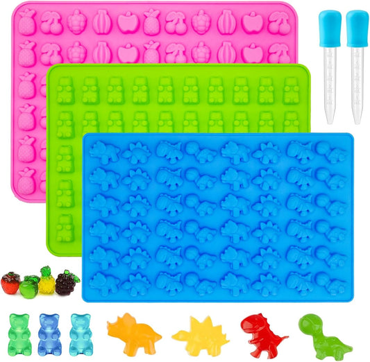 Gummy Candy Molds - Silicone Gummy Bear/Dinosaur/Fruit Snack Molds for Kids With 2pcs Dropper,Non-stick and Bpa Free for Mini Candy Chocolate Gummies Baking