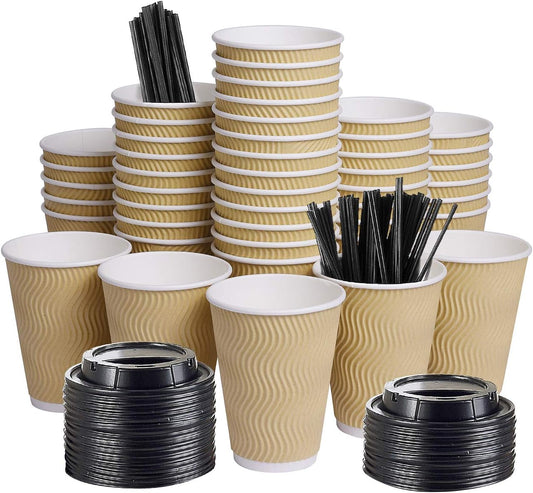 Disposable Paper Coffee Cups with Lids, 100 pack 12 oz Ripple Wall Insulated To Go Coffee Cups for Hot/Cold Beverage, Recyclable Takeaway Drinking Cups for Home Office Cafe Party