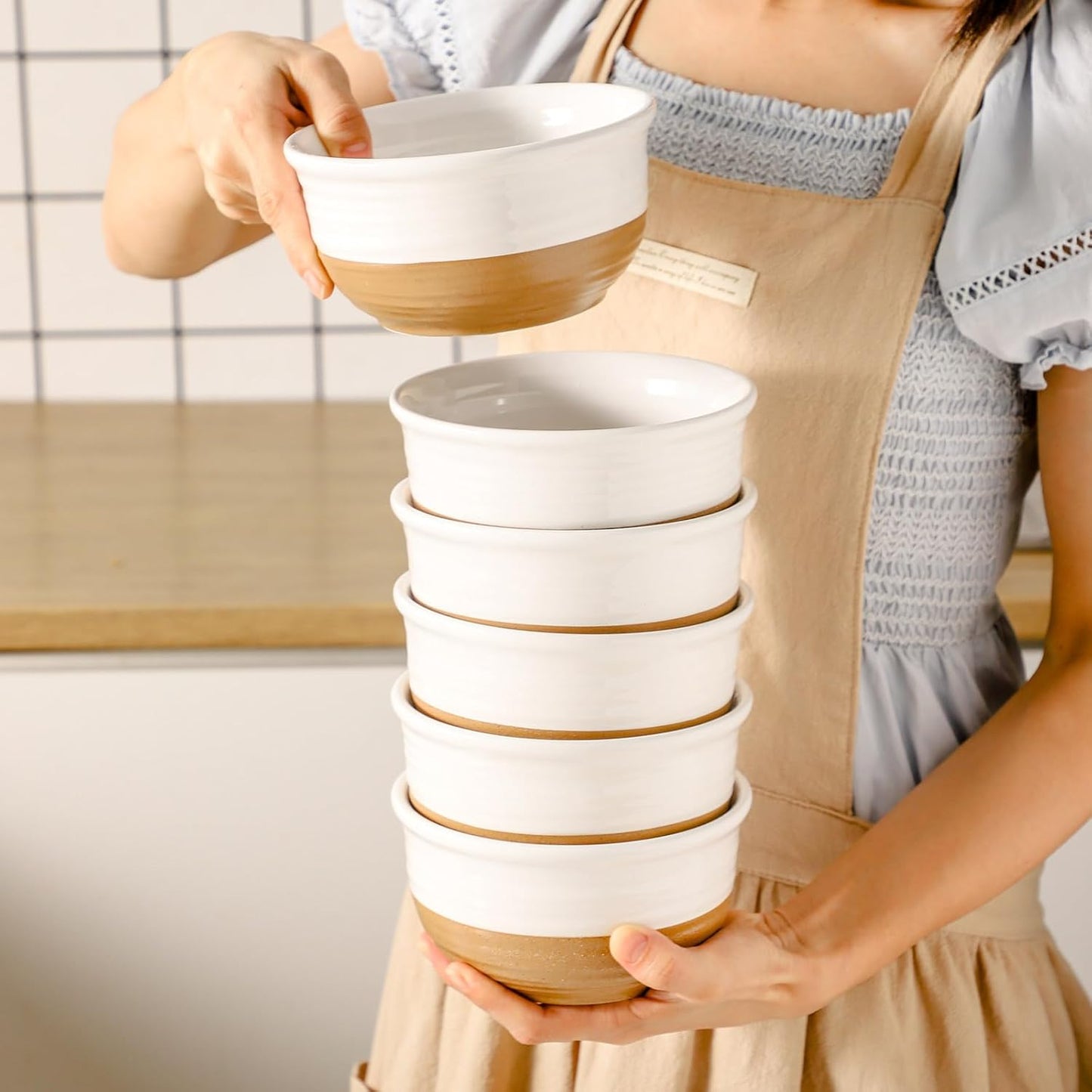 Hasense Ceramic White Colorblocked Design Bowls - 20 OZ Stackable Set of 6, Dishwasher and Microwave Safe for Pasta, Oatmeal, Rice, Ice Cream