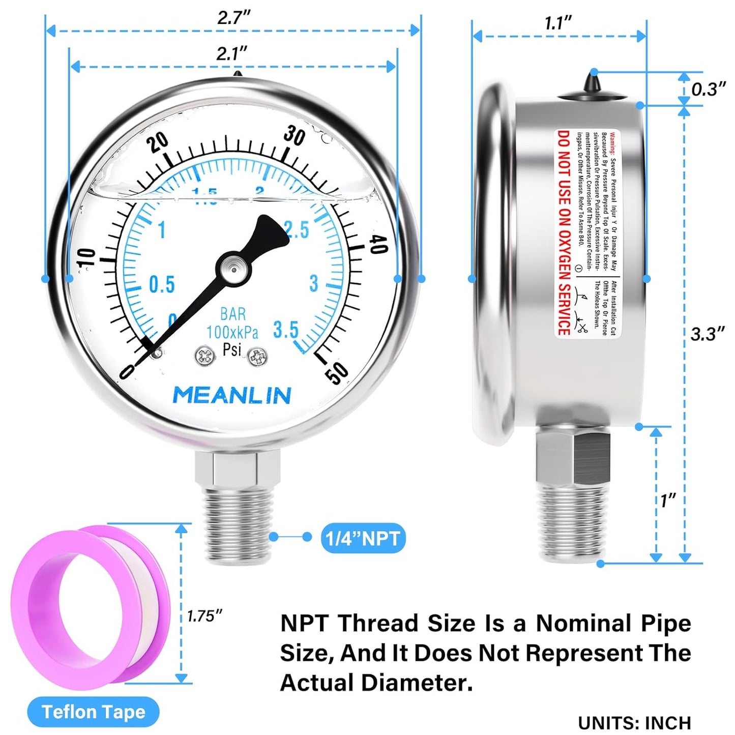 MEANLIN MEASURE 0~50Psi Liquid Filled Pressure Gauge Stainless Steel with 316 Stainless Steel Joint 1/4" NPT 2.5" FACE DIAL for Pool Sand Filter Water Oil Air Pressure Test Lower Mount