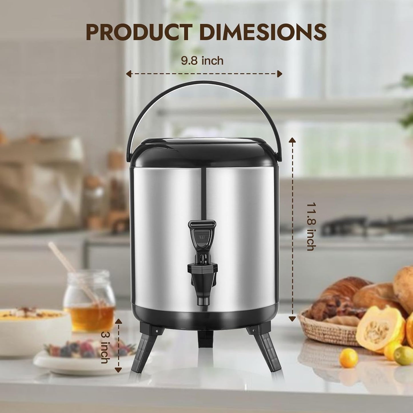 Insulated Beverage Dispenser, Thermal Hot Beverage Dispenser, Stainless Steel Hot Beverage Dispense, Hot Coffee Dispenser with Spigot for Coffee Hot tea,Cold Milk,Water,Juice 6L (Non-electric)