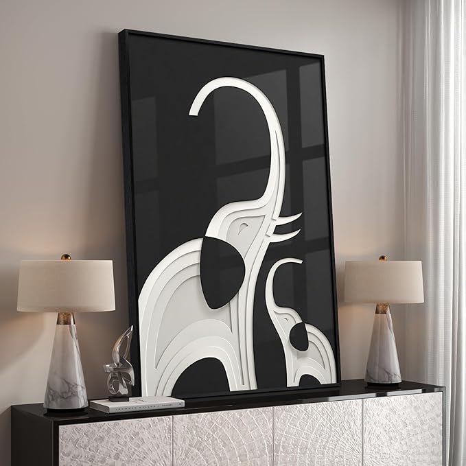 Large Framed Modern Black and White Wall Art, Contemporary Animal Elephant - Image 2