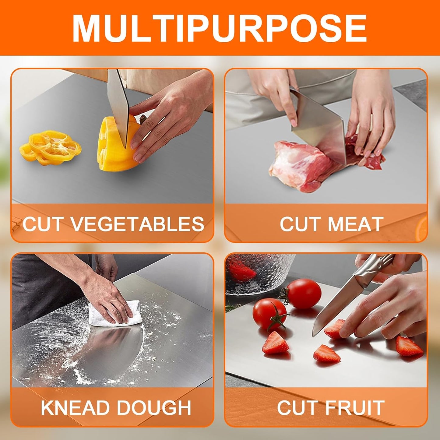 304 Stainless Steel Cutting Board with 2 Pack Non-Slip Mats, Yoposeo Heavy Duty Baking Cutting Chopping Boards for Kitchen, Meat, Fruits, Vegetables, Bread and Baking (11.8" X 11.8"/ 30 X 30cm)