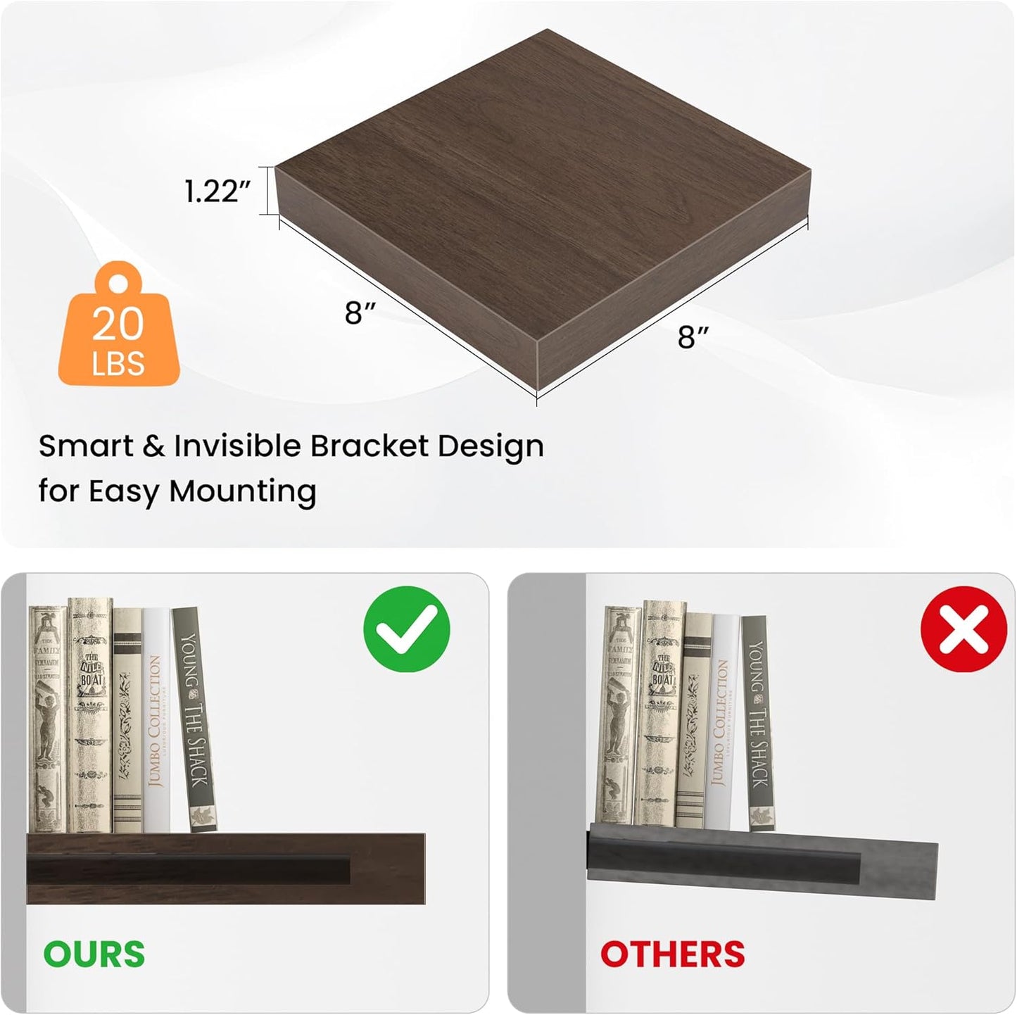 Square Floating Shelves for Wall, 8" W x 8" D x 1.2" H, Small Wooden Wall Mounted Display Shelves with Invisible Brackets for Living Room, Bedroom, Bathroom, Kitchen Decor, Set of 4, Walnut