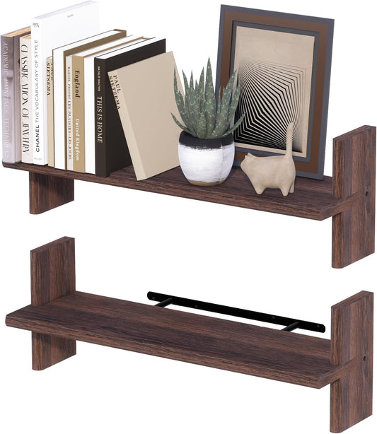 Rustic Floating Shelves – 22.8"x6.7" Solid Wood Bookshelves for Books, Plants, Photos & Decor – Brown Wooden Storage for Bedroom, Living Room, Bathroom, Kitchen