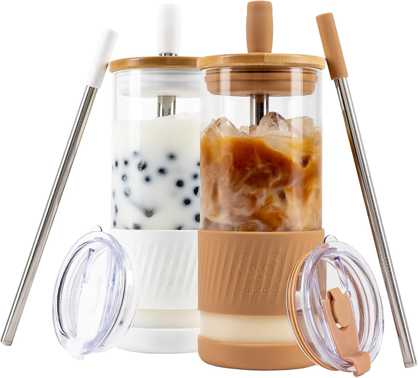 Pandaloo® Glass Cups With Lids and Straws -20 Fl Oz- Perfect Size Iced Coffee Cup - Smoothie Cup With Bamboo Lid and On the go Lid - Glass Tumbler (2 Count (Pack of 1), Amber Sand-Coton White)