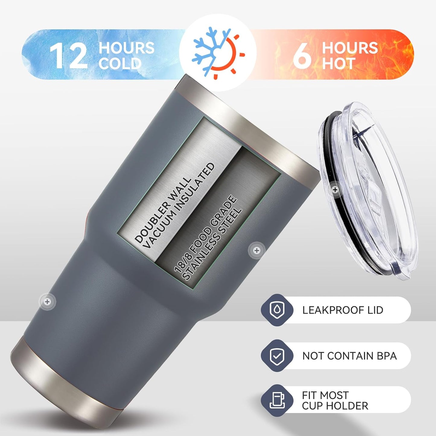 30 oz Tumbler with Lid Stainless Steel Tumblers Vacuum Insulated Cup Reusable Powder Coated Travel Mug Double Wall Leak Proof Portable Cups Keep Cold Drinks for 12 Hours, Gray, 1 Pack