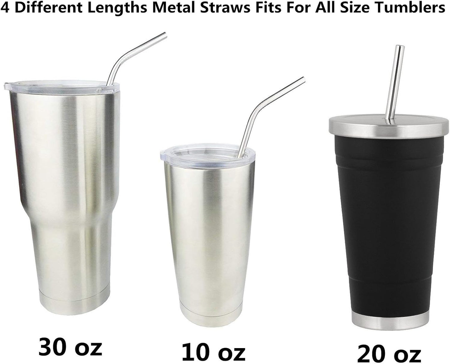 Reusable Stainless Steel Drinking Straws, 20 Pcs 4 Size - 6.3'' 7.1'' 8.5'' 10.5'', Long Short Smoothie Drinking Straight Straws With 2 Brushes and Carry bag, Fit for 20/30 oz Tumblers