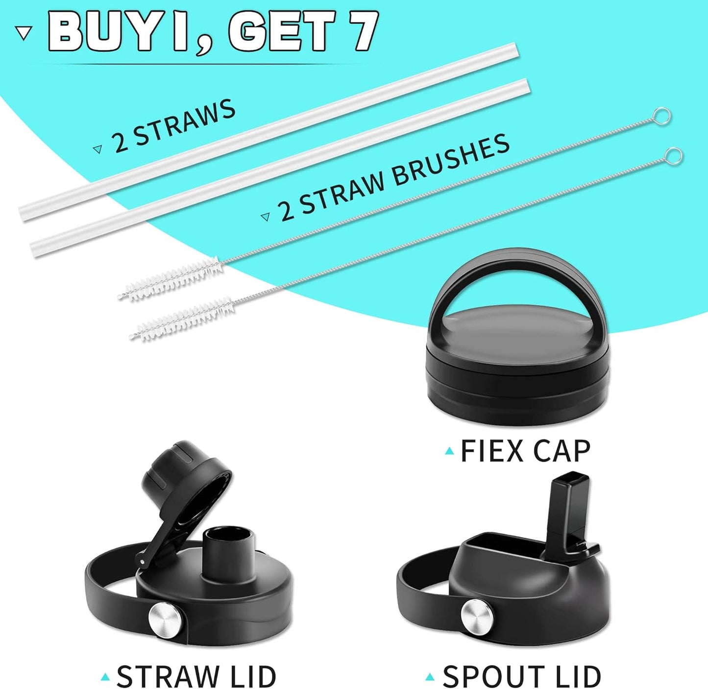 HYDROWION 40 oz Insulated Water Bottle with Straw fit in Car Cup Holder(Cold 48 hrs, Hot 24 hrs) Drinking Bottle with Straw Lid, Spout Lid and Flex Cap Leakproof Travel Thermo Mug，Black