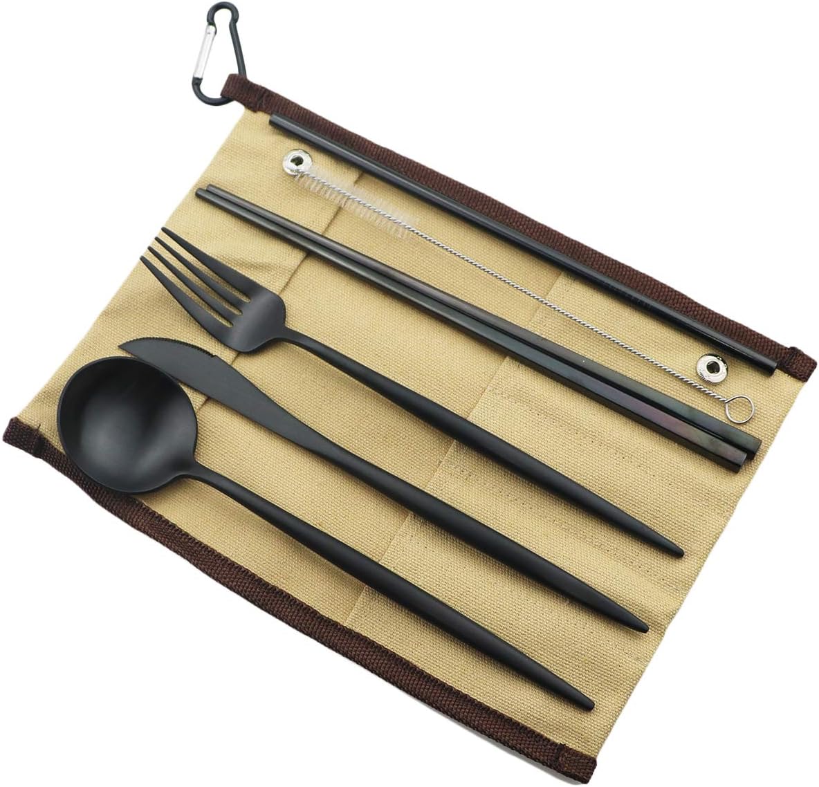 Gugrida Reusable Travel Utensils, 7 Piece Portable 304 Stainless Steel including Knife Fork Spoon Chopsticks Cleaning Brush Straws Portable Pouch, Eco-friendly Camping Silverware Set, Dishwasher Safe