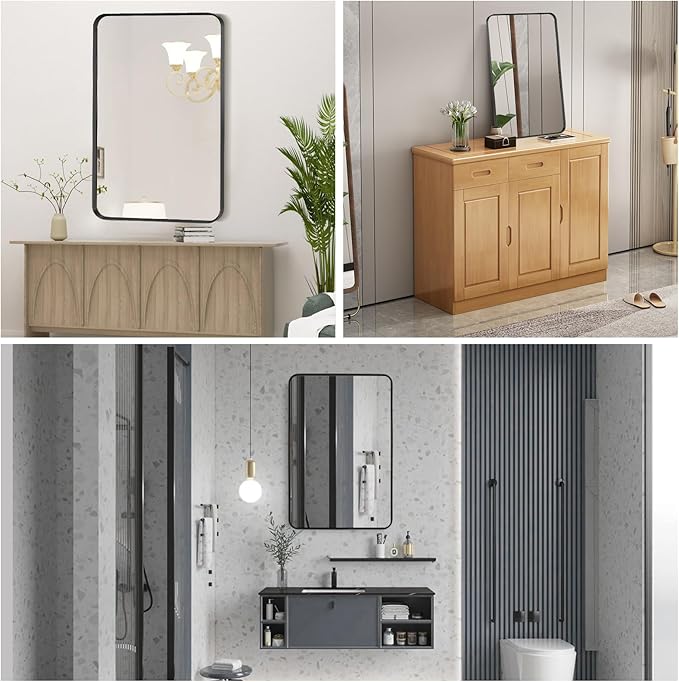 Wall Mount Mirror for Bathroom, Brushed Black Metal Framed Rounded Corner - Image 3