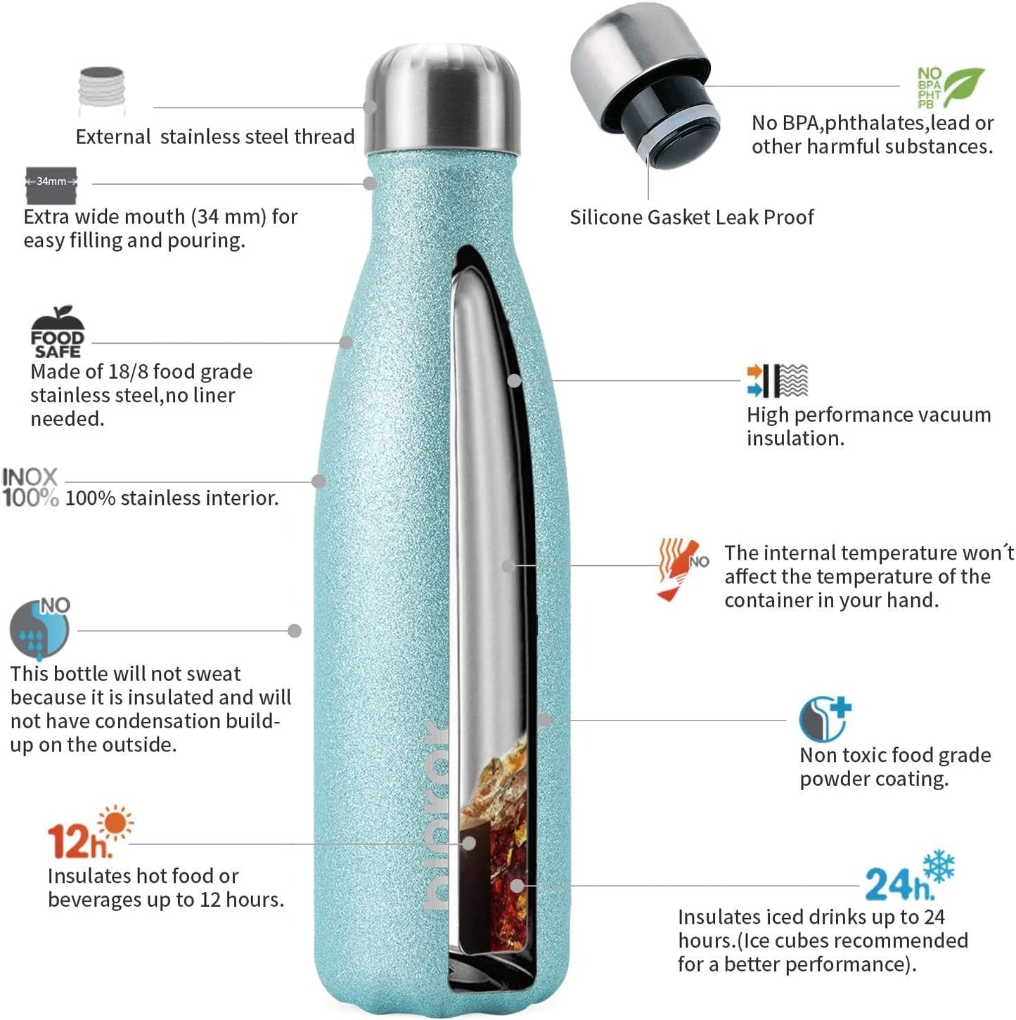 BJPKPK 17oz Insulated Water Bottles Stainless Steel,Sports Water Bottles Keep Cold for 24 Hours and Hot for 12 Hours,BPA Free,Glitter Ice Blue