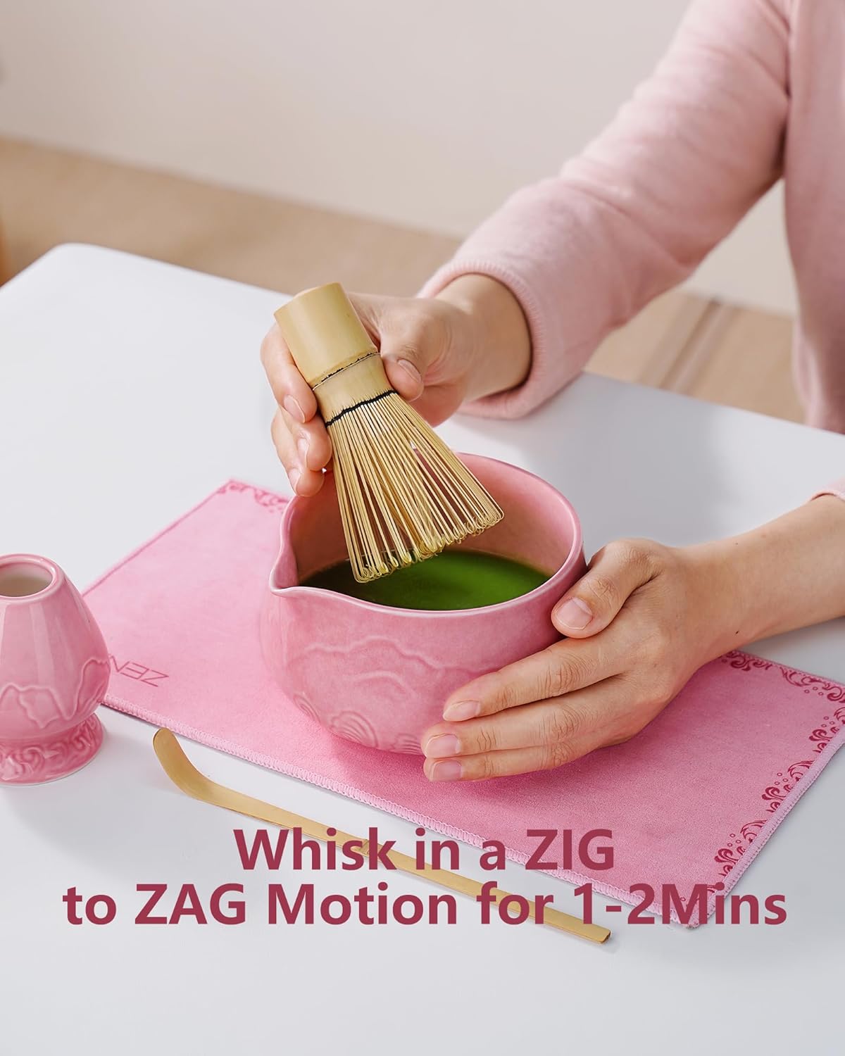 ZENS Pink Matcha Set, Matcha Whisk Set Includes 15oz Ceramic Bowl & (Chasen Holder), Bamboo Whisk & Scoop, Sifter and Pink Tea Towel, 6pcs Matcha Kit for Matcha Lovers