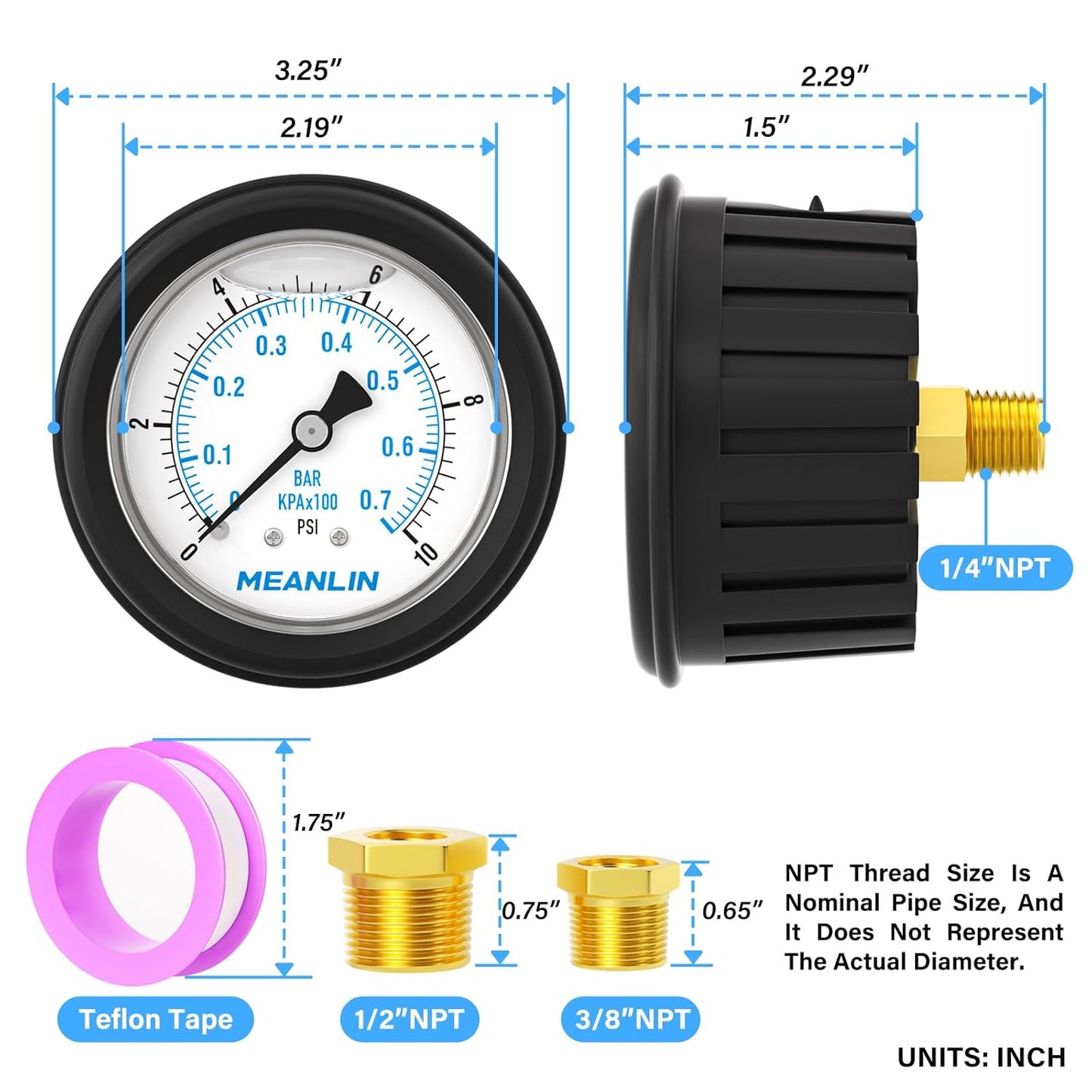 MEANLIN MEASURE 0~10Psi Stainless Steel 1/4" NPT 2.5" FACE DIAL Liquid Filled Pressure Gauge, Center Back Mount (with Rubber Protective Sleeve), with 1/2" NPT and 3/8" NPT Hex Bushing