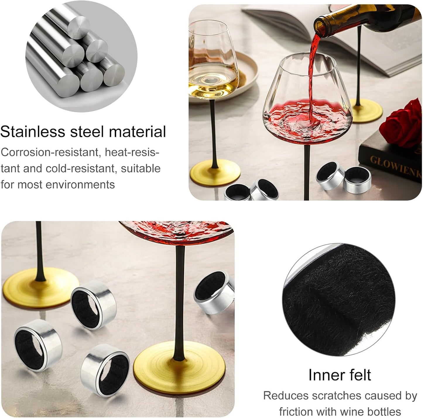 4PCS Wine Drip Ring, Wine Drip Collars Stainless Steel Wine Collar Drip Ring Simple Wine Bottle Drip Collar with Velvet Felts Clever Dripper Guard Holder Tools Bar Kitchen Gadgets Wine Accessories