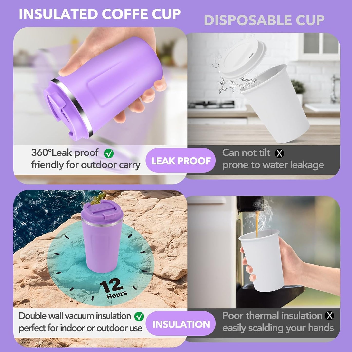 Volhoply 12 oz Double Wall Insulated Vacuum Travel Coffee Mug with Flip Lid Bulk 8 Pack,Reusable Stainless Steel Leak Proof Coffee Cup,Portable Cafe Thermal Tumblers for Hot&Cold Drinks(Purple,8 Set)