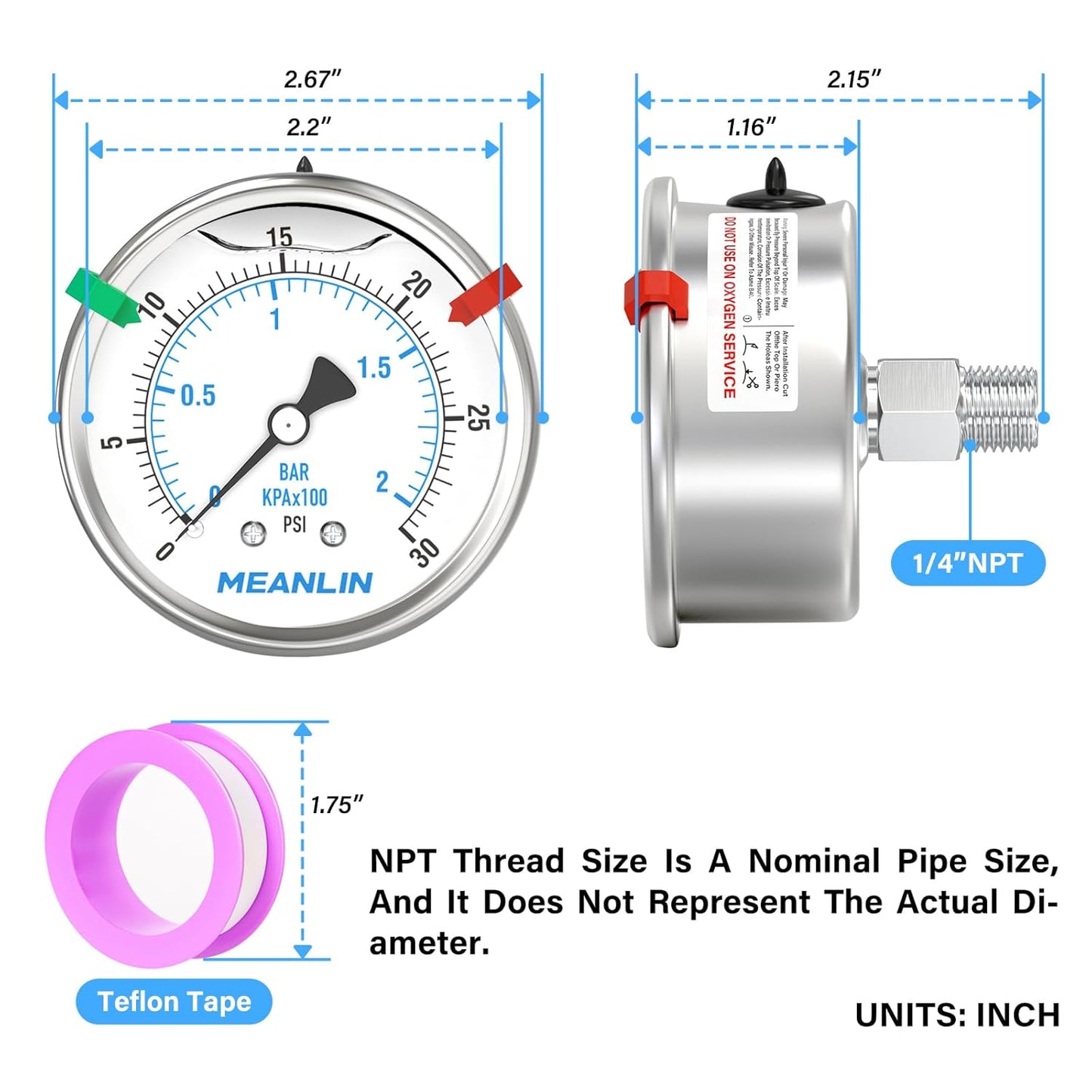 MEANLIN MEASURE 0~30Psi Liquid Filled Pressure Gauge Stainless Steel 2.5" FACE DIAL 1/4" NPT 316 Stainless Steel Joint for Pool Sand Filter Water Oil Air Pressure Test Back Mount, with 2PCS Snaps