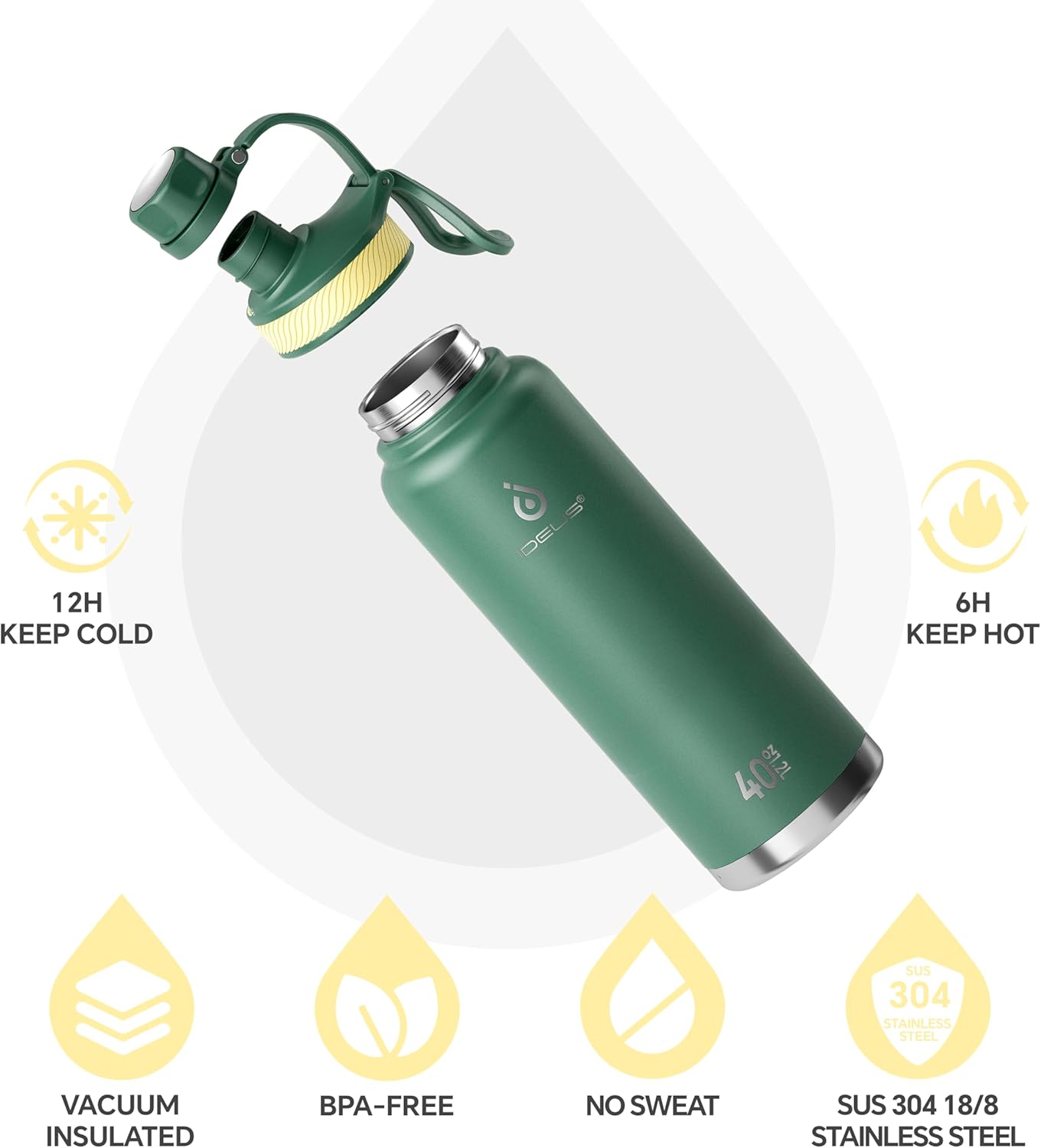 IDEUS Insulated Stainless Steel Water Bottle with 2 Leak-Proof Lids, Thermal Water Flask for Hiking Biking, 40oz, Green
