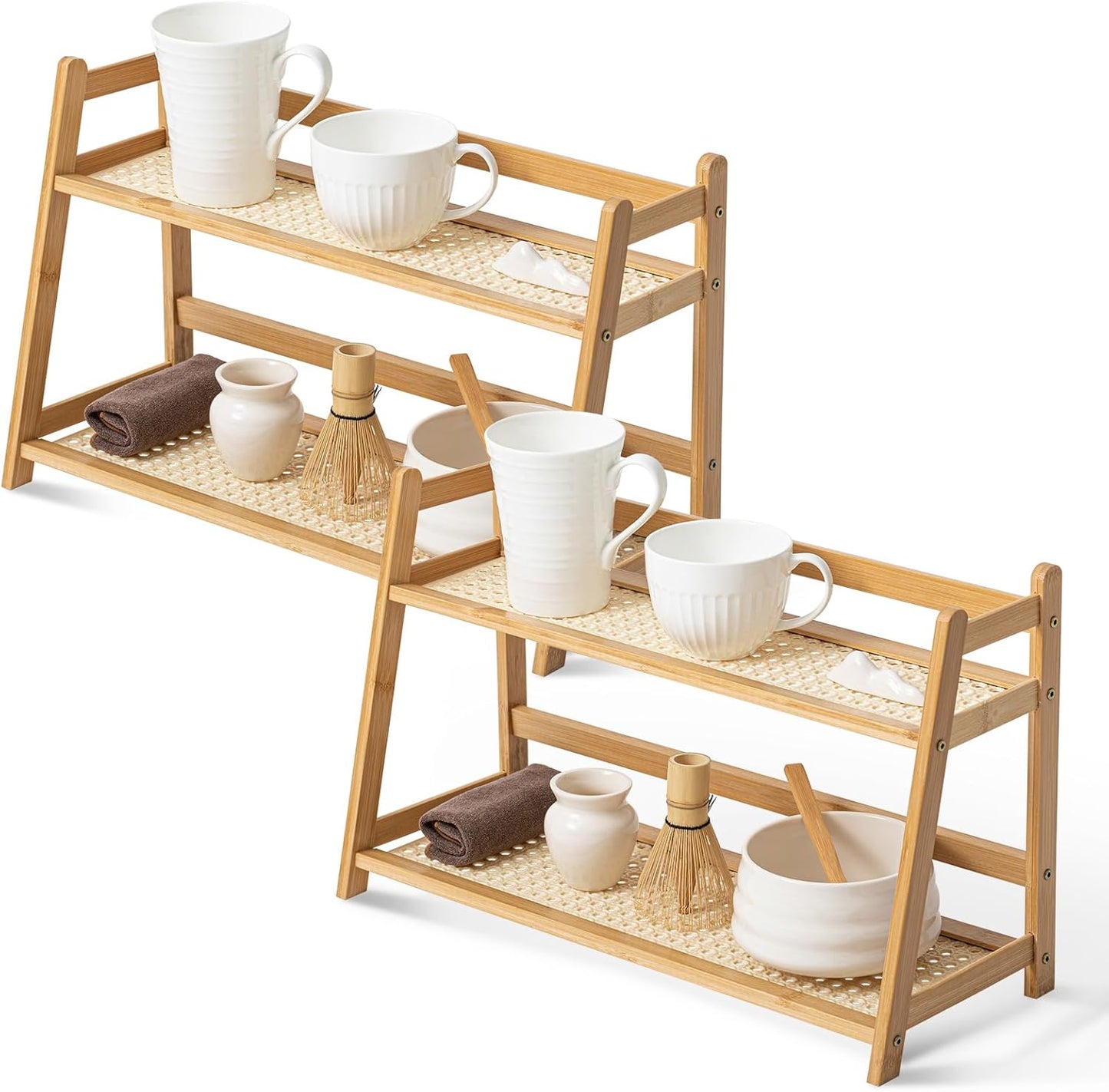 2 Pcs 17.7 Inch 2 Tier Matcha Station Shelf Bamboo Coffee Mug Stand Countertop Storage Rack, Double Layer Rattan Office Cup, Kitchen, Tea, Plant, Bar Accessories Condiment Display (Wood)