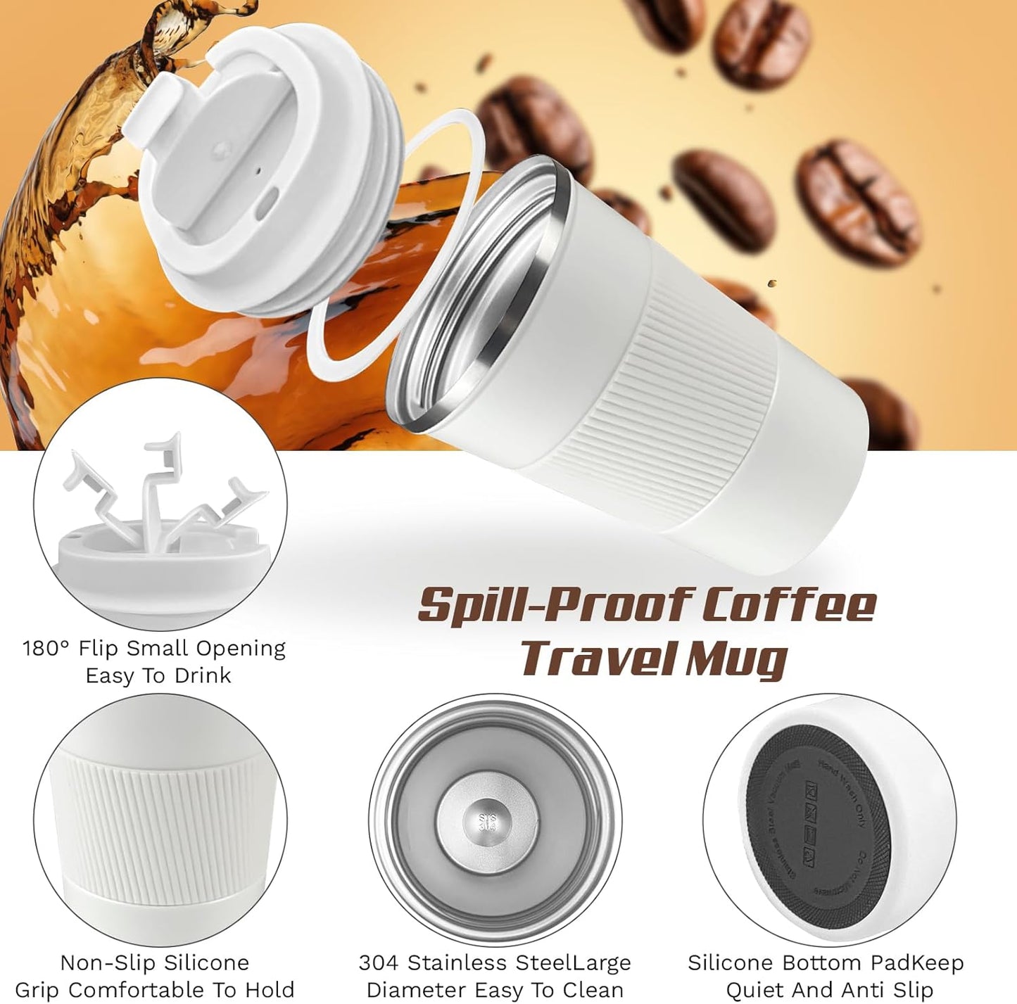 Vacuum-Insulated Stainless Steel Travel Coffee Mug, Leak-Proof Reusable Coffee Cup with Lid - Keep Hot & Cold Drinks for Hours, Durable Thermos Tumbler for Men & Women (3rd-White, 12OZ)