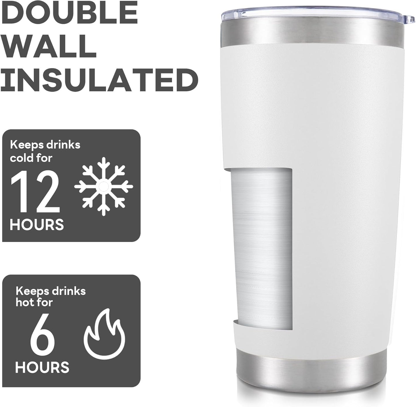 20 oz Tumbler with Lid Stainless Steel Double Wall Vacuum Insulated Tumblers Powder Coated Cups Travel Mug Keep Drinks Cold and Hot, White