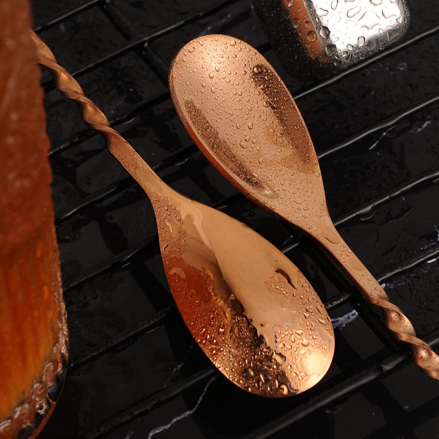 AnSaw Rose Gold 12-Inch Stainless Steel Cocktail Spoon with Leaf Handle - Perfect for Mixing & Layering Drinks in Tall Cups, Bar & Shakers - Durable Long Handle Bar Stirrer,2-Pieces