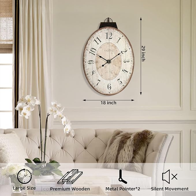 24" H * 18" W Large Oval Wall Clock, Vintage French Decorative Wall Clock - Image 3