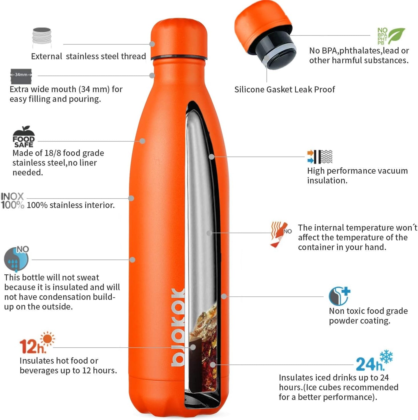 BJPKPK 25oz Insulated Stainless Steel Water Bottles,Sports Water Bottles Keep Cold for 24 Hours and Hot for 12 Hours,Orange Cap