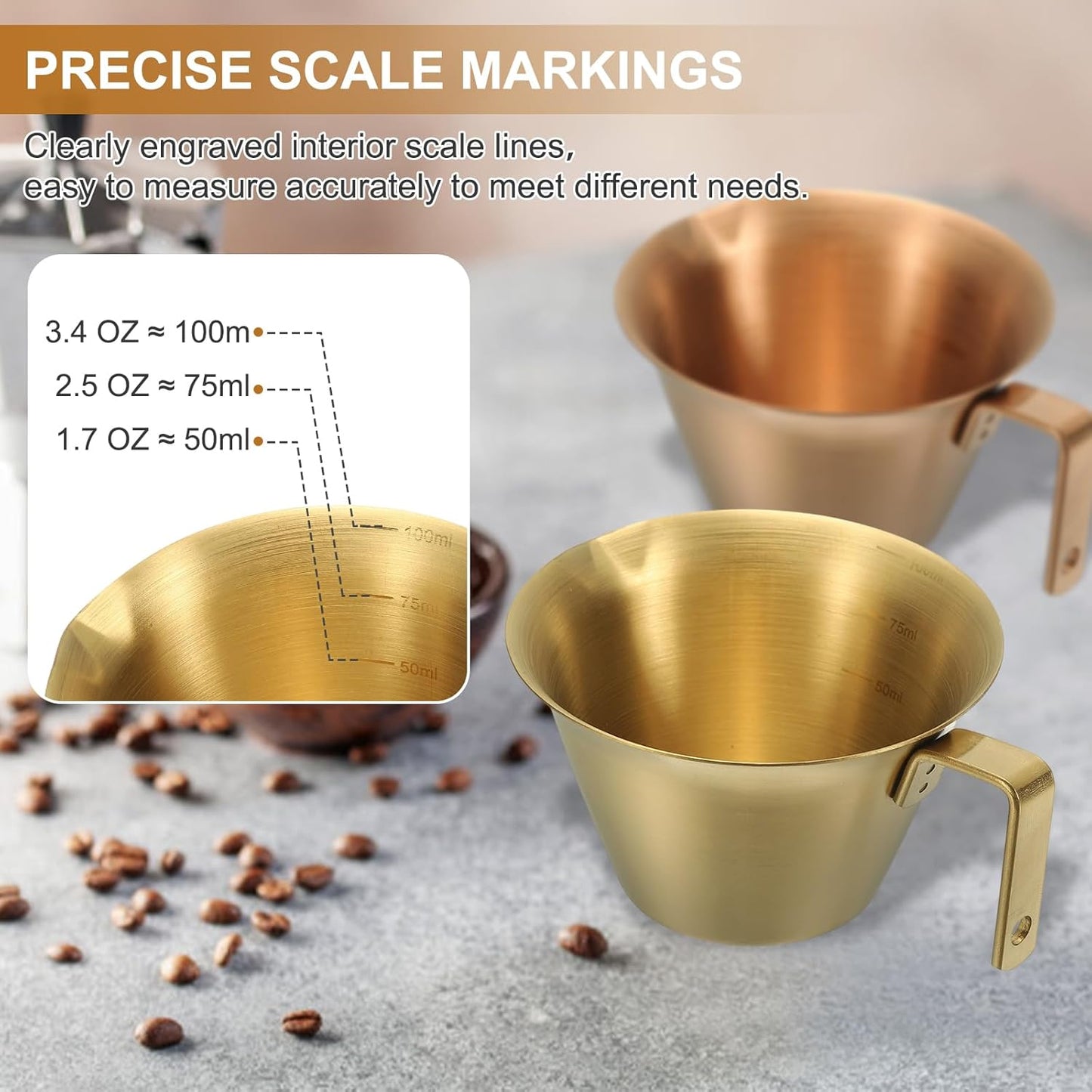 uxcell 2 Pcs Stainless Steel Espresso Cup with Handle, V-Shaped Mouth Espresso Measuring Cup with Scale for Preparing Coffee, Cocktails, 3.4OZ/100ML (Rose Gold)