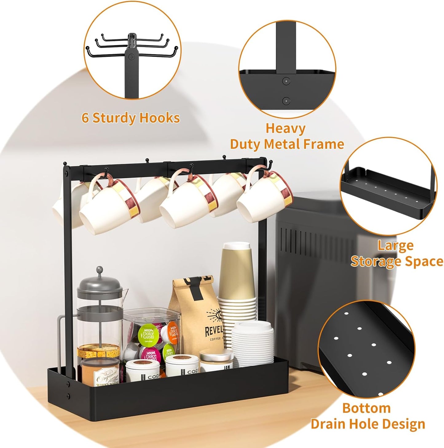 RCHYFEED Coffee Mug Holder Organizer with Movable Hooks, Coffee Cup Holder for Countertop, Metal Coffee Mug Tree Stand with Storage Basket, Cups Mug Rack for K Cup Pod Coffee Bar Kitchen, Black