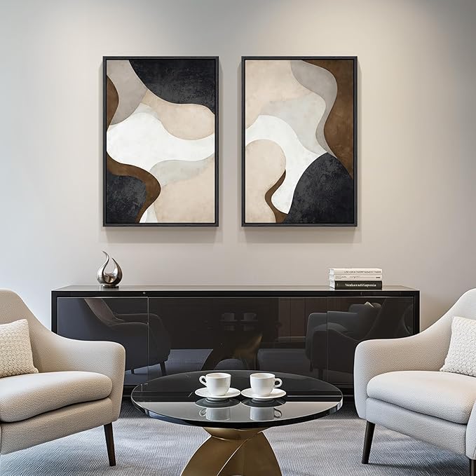 Framed Neutral Abstract Minimalist Wall Art, 2 Piece Large Modern Canvas Prints - Image 2
