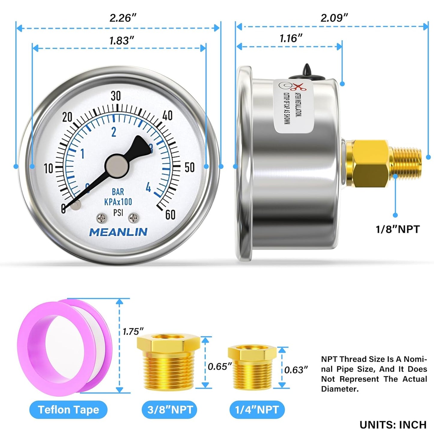 MEANLIN MEASURE 0~60Psi Dry Pressure Gauge Stainless Steel 1/8" NPT 2" FACE DIAL Waterproof for Pool Filter Pump Oil Air Compressor Tire Pressure Tester Back Mount with 1/4"NPT and 3/8"NPT Hex Bushing