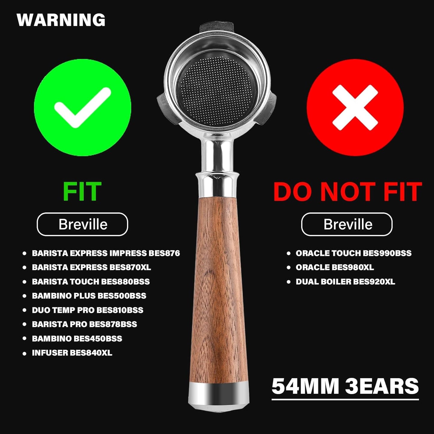 54mm Espresso Double Spouts Portafilter with 3 Ear | Fits 54mm Breville/Sage Barista Espresso Machine | Stainless Steel Basket and Walnut Handle | Espresso Accessories