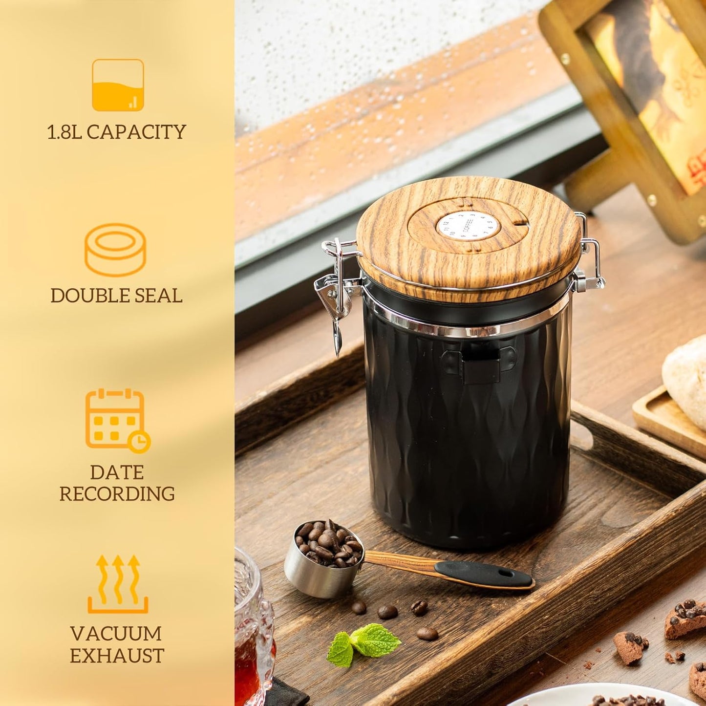 TEDSWAIT Coffee Container with Sealed Cantilever Lid and Scoop, Airtight Stainless Steel Kitchen Food Storage Canister with Date Tracker, 1.8L (Black)