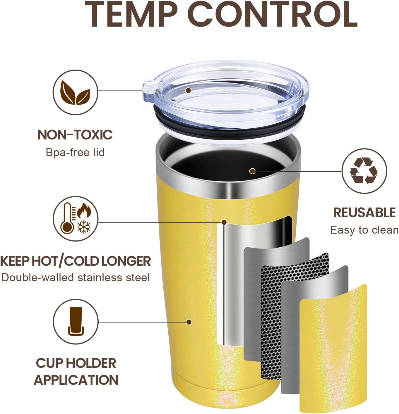 MEWAY 20oz Tumbler 8 Pack Double Wall Vacuum Insulated Travel Glitter Mug Bulk, Stainless Steel Tumblers with Lid and Straw,Powder Coated Coffee Cups for Woman(Rainbow Yellow,Set of 8)