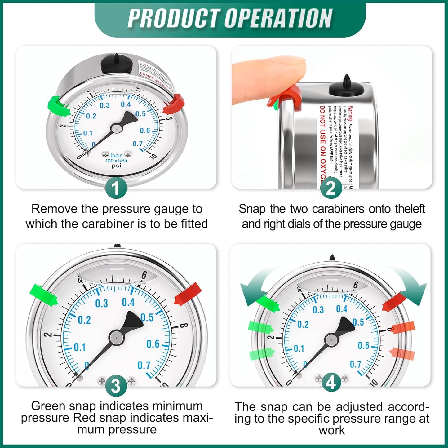 0-10PSI Stainless Steel Liquid Filled Pressure Gauge, 2.5" Dial Size, 1/4" NPT Lower Mount, for Tube, Water Pump, Gas, Liquid, Pressure Test (with Range Mark Pointer)
