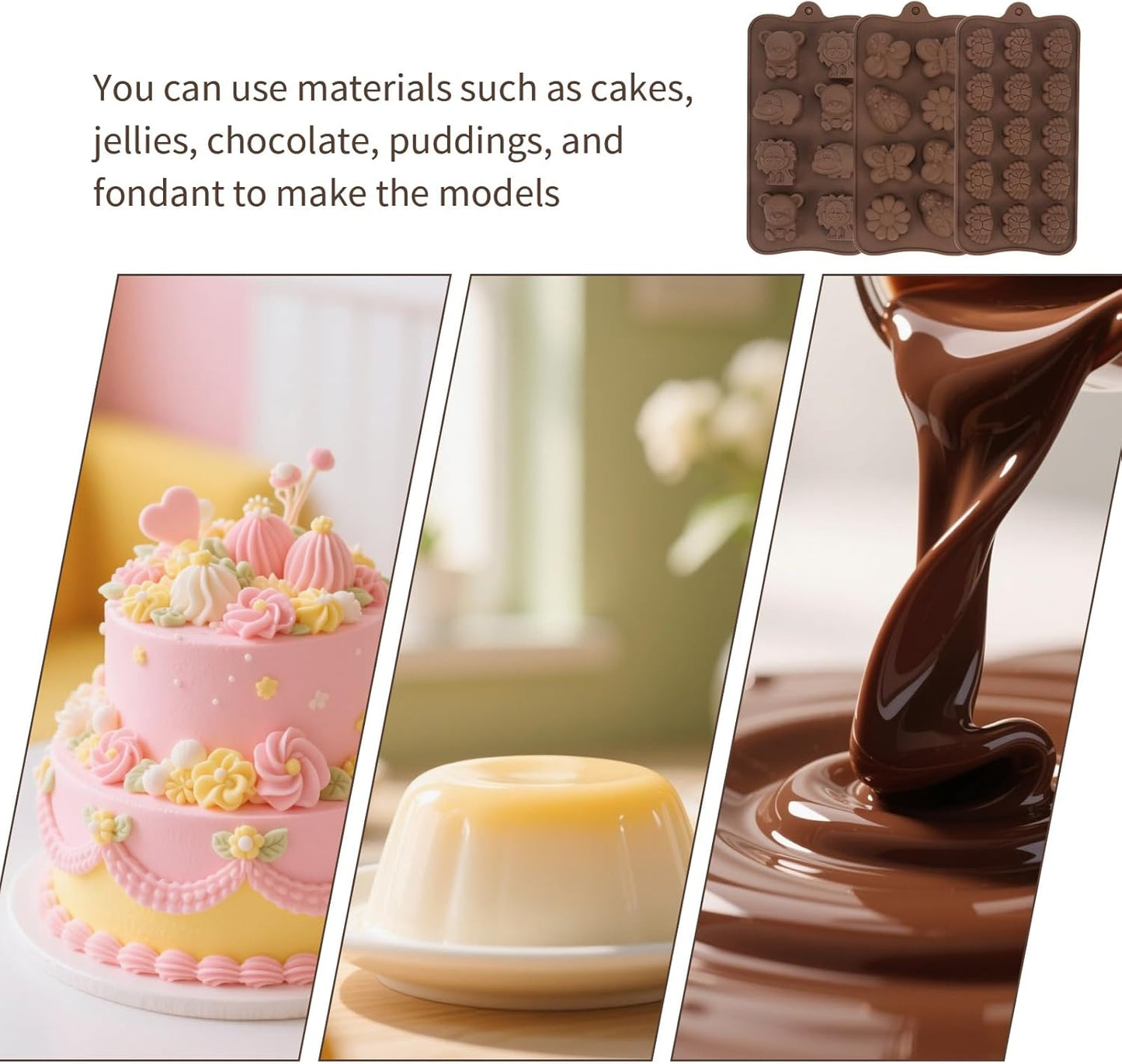 3 Pcs Non-Stick Brown Animal Themed Chocolate and Fondant Silicone Baking Molds with Wax Melt Function
