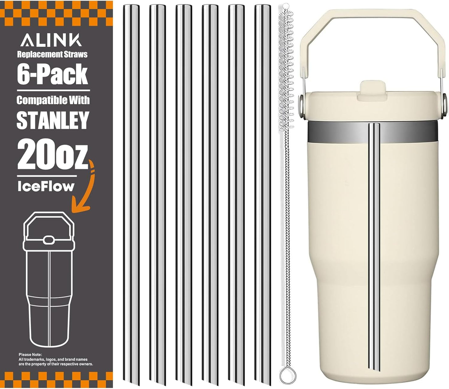 ALINK Stainless Steel Straws Compatible with Stanley Iceflow 20oz Flip Tumbler, 6 Pack Reusable Metal Straws for Stanley Ice Flow 20oz Cup Lid Only, Plus Straw Cleaner Brush